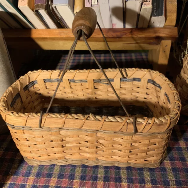 Vintage Hand Woven Splint Oak Small Gathering Basket~Wire & Oak Handle~94 Signed