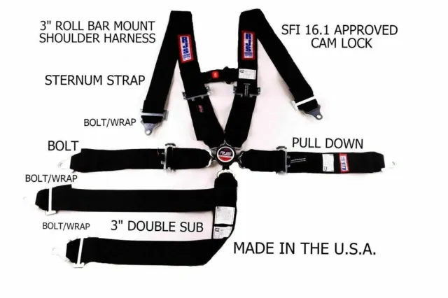 Rjs Racing Sfi 16.1 Cam Lock 6 Pt Harness Roll Bar Black Sternum Strap