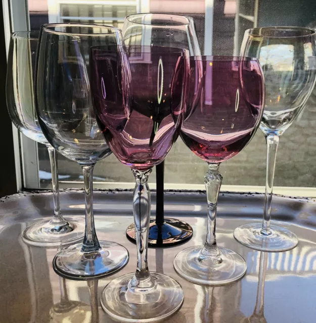 6 Pier 1 Hand Blown Iridescent Multicolor Wine Glass Black Pink Blue Goblet MCM