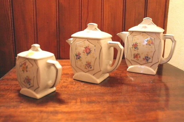 Théière + Pot à Crème Art Déco En Céramique (marron/blanc, France) - Vintage