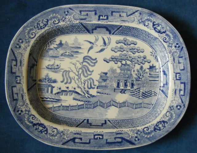 Antique Victorian 18 inch Blue and White Willow Pattern Large Meat Plate Platter