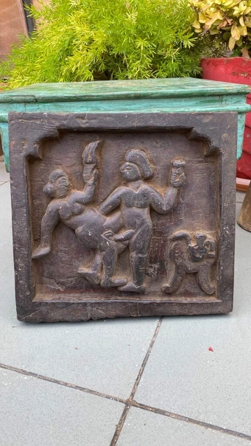 1800'S Ancient Old Wooden Hand Carved Man Woman Erotic Rare Figurine Wall Panel