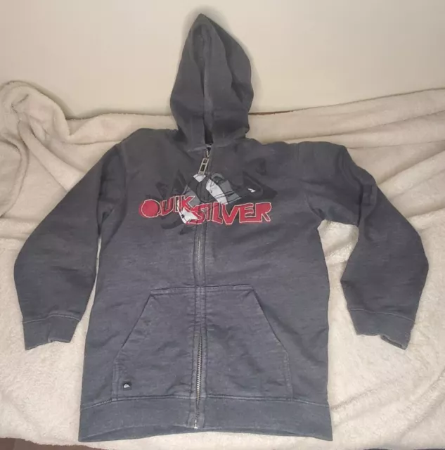 Quicksilver Zip Hoodie Boy's Size 7 Gray Graphic Red White Logo Long Sleeve