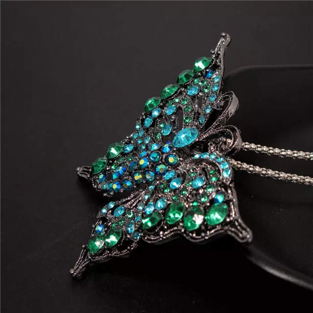 Betsey Johnson Bling Blue AB Rhinestone Butterfly Crystal Pendant Chain Necklace 3