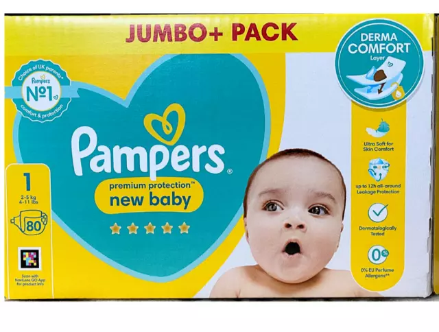 Pampers Premium Protection New Baby Size 1, Jumbo+ Pack 80 Nappies (2-5kg)