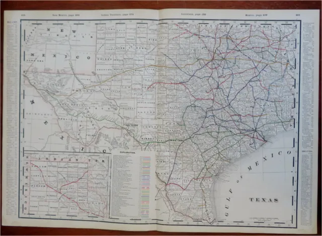 Texas Houston Dallas San Antonio El Paso c. 1880's-90 Cram large map