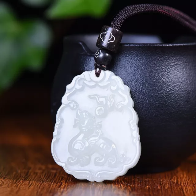 China Hetian White Jade Hand Carving Mythical Creatures Kylin Wealth Pendant招财进宝