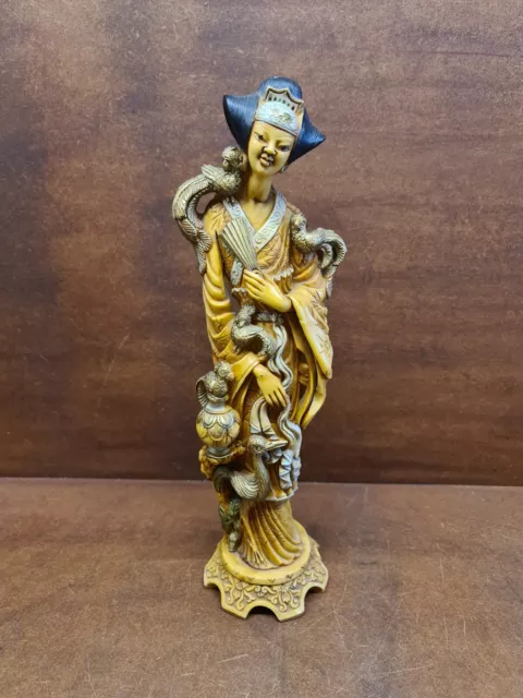 15" Asian Hand Carved Tall Resin Figurine Chinese Oriental Geisha With Birds