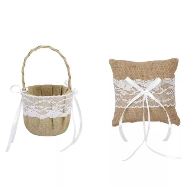 6x6 Burlap Flower Girl Basket & Ring Bearer Pillow Set for Rustic Wedding