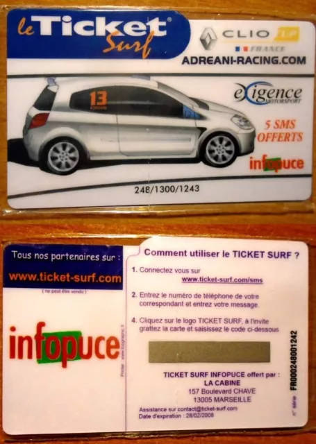 Ticket Surf – Infopuce – 5 Sms Offerts – Neuf – 28/02/2008