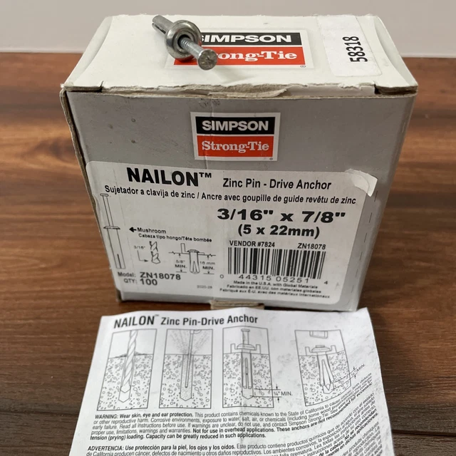 Simpson Strong Tie Zinc Nailon 3/16 In. X 7/8 In. Pin Drive Anchor (100-pack) |