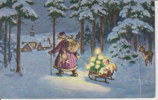 Happy New Year-Vintage Art Nouveau-" Santa Claus "-Artist Signed Old Pc -04