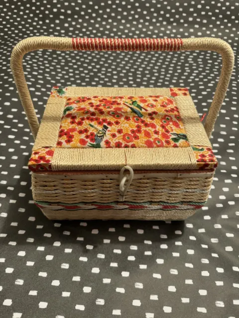 Vintage Wicker Sewing Basket Storage Box Woven Floral Bird Padded Lid
