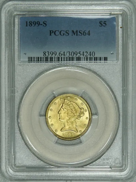 1899-S PCGS MS64 PQ+ Liberty $5 Gold Half Eagle, a bright super lustrous piece