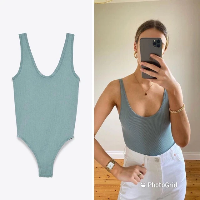 ZARA LIMITLESS CONTOUR Ribbed Green Tank Top Scoop Neck Bodysuit