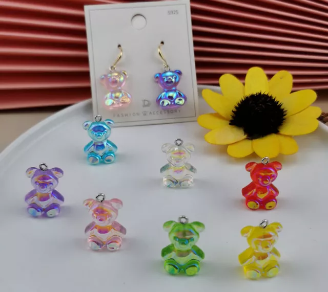 6 x Teddy Bear Resin pendants Acrylic Charms 25mm-18mm Jewellery Making Craft