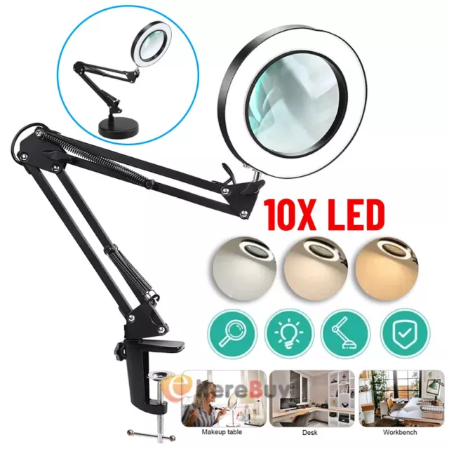 10X Magnifying Glass Desk Light Magnifier LED Lamp Reading Lamp With Base& Clamp