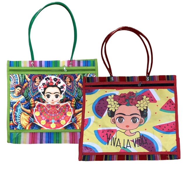 Handmade Mexican Plastic Market Frida Kahlo Tote Bag - Large Tote Bag With Flora Handmade Mexican Plastic Market Frida Kahlo Tote Bag - Large Tote Bag With Flora