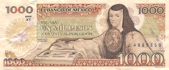 Mexico  1000  Pesos  19.7.1985  Series  XT  Prefix  J  Circulated Banknote WH2
