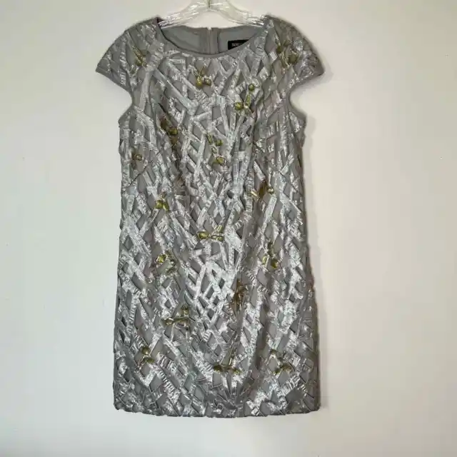 Tadashi Shoji Silk Cap Sleeve Mini Cockail Dress Silver Lace and Gold Jewels 8