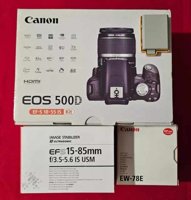 Canon EOS 500D / Rebel T1i + lens EF-S 15-85mm f/3.5-5.6 IS USM + EW-78E