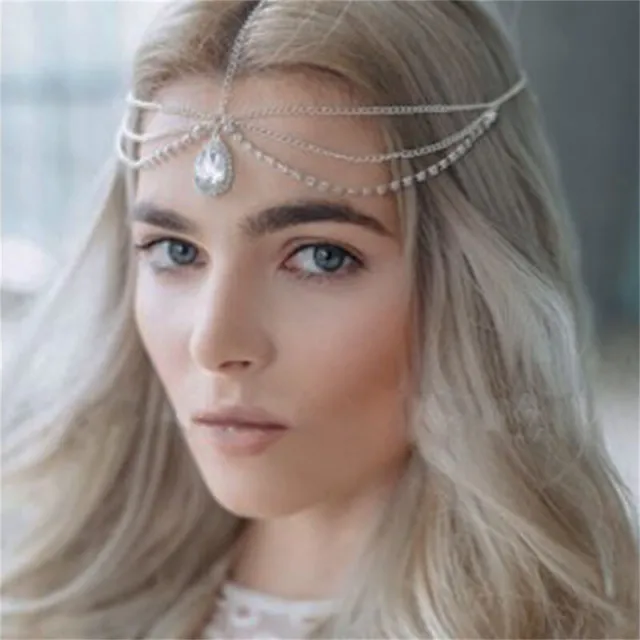 Crystal Forehead Necklace Women Crystal Tassel Hair Chain Tiara Water Drop Hair