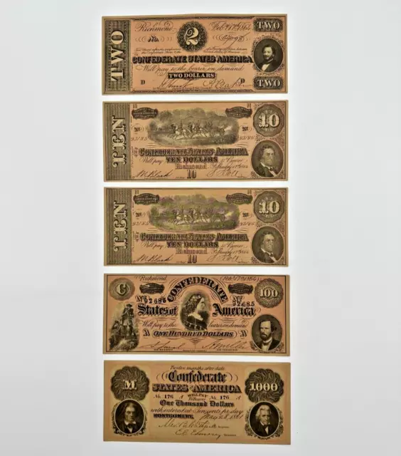 Lot of 5 Confederate Currency Notes REPRODUCTIONS printed in 1954!
