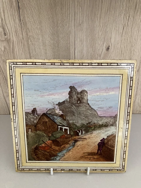 ANTIQUE VICTORIAN 8" MINTONS VIEWS TILE  - CRICCIETH CASTLE c1885 COLOUR