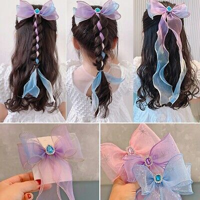Baby Girls kids Ribbon Bow Frozen Princess Chiffon Diamond Hair Clip Bows New#
