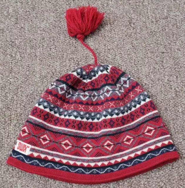 Swix Unisex Colorful Wool Shell Beanie Ski Hat 9x7" Pompom Tassel Red Multicolor