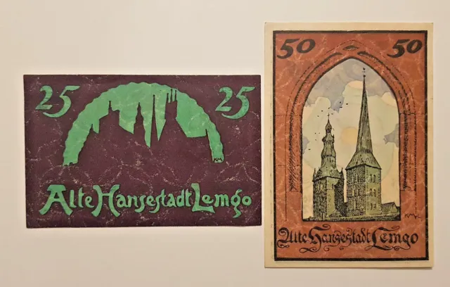 Lemgo Notgeld 25, 50 Pfennig 1921 Emergency Money Germany Banknotes (9224)