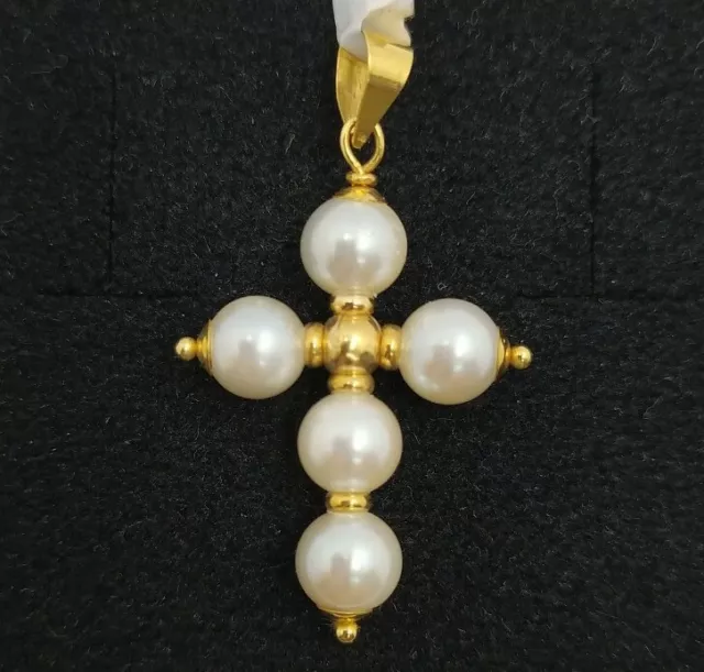 Pendentif Et Chaîne Or 18k 750 Mls . Croix Avec Perlas. 31 MM 2