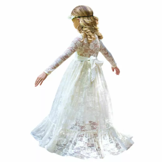 New Long Princess Girls Dress Flower Christening Lace Wedding Party Kids Clothes