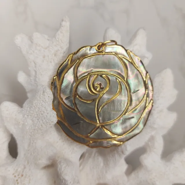VINTAGE LARGE MOTHER Of Pearl Rose Gold Plated Flower Pendant W Free ...