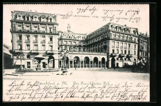 Frankfurt a. M., Hotel Frankfurter Hof mit Brunnen, Ansichtskarte 1905