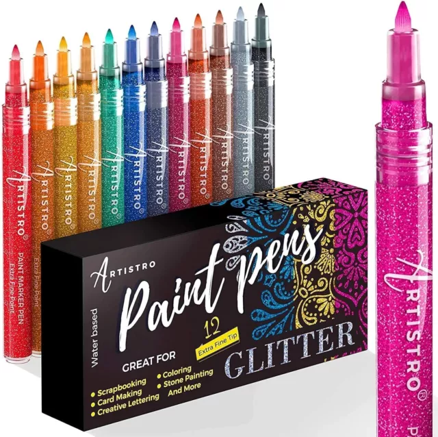 Glitter Paint Pens for Rock Painting, Stone, Ceramic, Glass, Wood, Fabric, Scrap