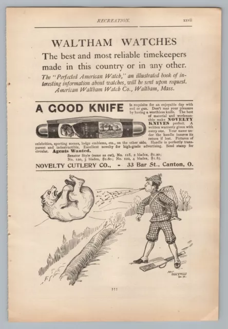 1890s-1910s Print Ad Novelty Cutlery Ohio Good Knife, Bear Hunting Comic Humor