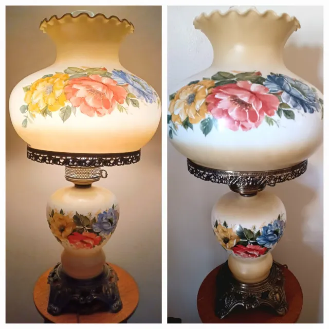 Vintage EF&EF Gone with the Wind 3 Way Hurricane Parlor Floral Glass Table Lamp
