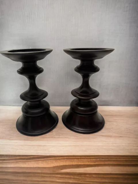 Pottery Barn Turned Wood Pillar Candle Holder Dark Brown Espresso 10” X 6.5” Set