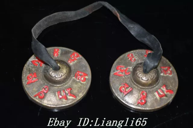 Tibet Buddhismus Reine Bronze Malerei Schriften Musikalische Glocke Paar String