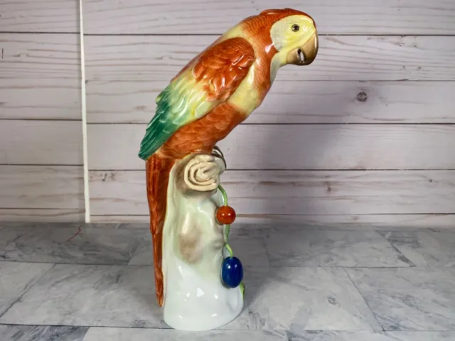 Herend Large Red Parrot on Fruit Tree Stump Figurine Natural Color 5000