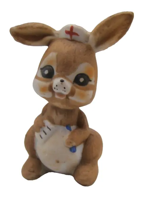 Vintage Brown Big Eyes Nurse Bunny Rabbit w/ Pen & Paper 3" Figurine Collectible