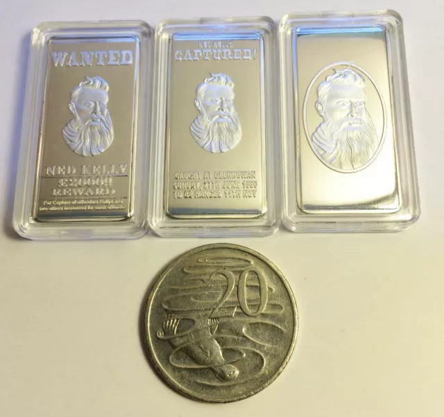 "NEW" NED KELLY SET OF 3 x 10 Gram INGOTS Finished in 999 Silver, Outlaw, Guns