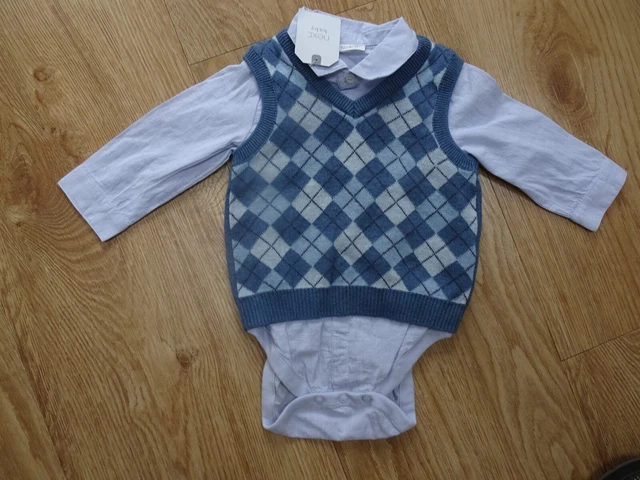 NEXT baby boys blue shirt romper & tank top jumper set AGE 3 - 6 MONTHS NEW