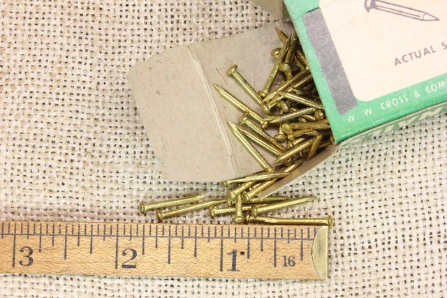 OLD 5/8” BRASS color Plated BRADS 1 BOX 165 NAILS Escutcheon Pins 16 Ga Vintage