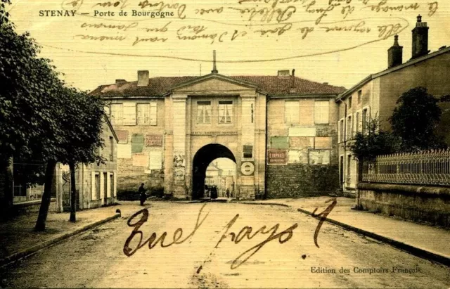 CPA Carte toilée couleur STENAY La porte de Bourgogne 1911 MEUSE