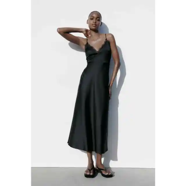 Zara Satin Slip V Neck Midi Dress Womens Size XS Black Evening Y2K 90s Lace New