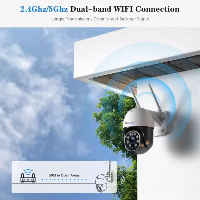 Ctronics 5MP Caméra Surveillance WiFi Extérieure, 2,4Ghz/5Ghz WiFi PTZ Camera IP 2