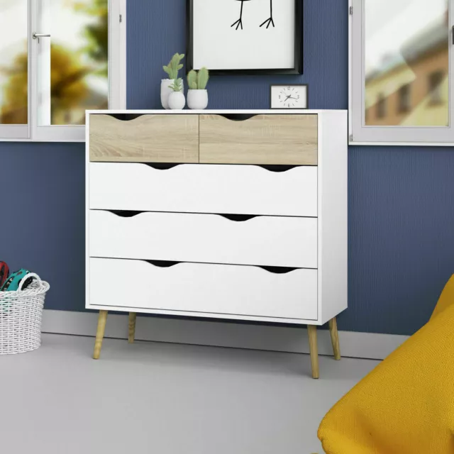 Cassettiera moderna credenza bianca mobile letto madia 5 cassetti piedi in legno