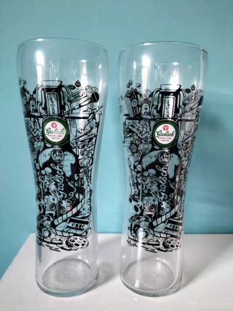 2 New Style Grolsch Dutch Larger  1 Pint Glasses- Music Theme